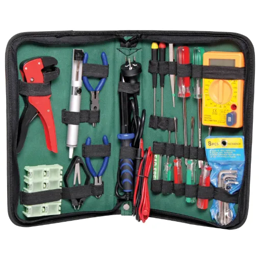 This 20 piece tool kit with handheld soldering iron contains all the essentials required for the field technician or the hobbyist who is just starting out. Will cover a wide variety of household and electronic jobs. All in a portable, durable padded zip-up carry case.
