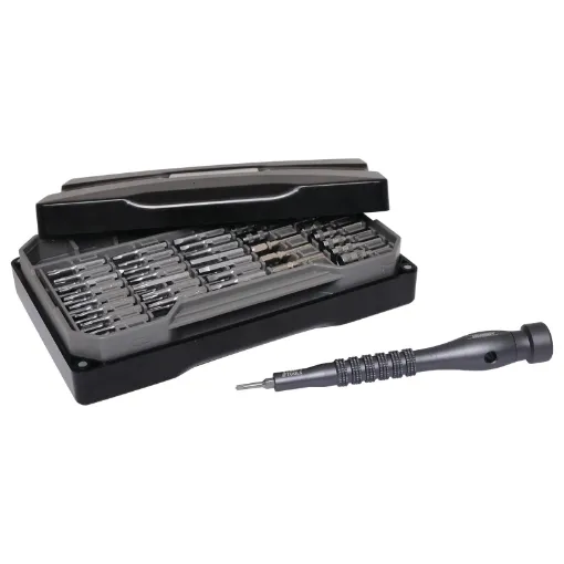A handy kit containing a huge variety of driver 4x28mm driver bits, double ended opening tools, spudger, curved tip tweezers and flexible drive extension.