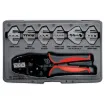 A unique ratchet crimping kit supplied with 7 sets of crimping jaws. Each jaw pair slides into the crimper and is held in place by magnets - no fiddly screws or tricky alignment required.  Kit includes jaws to suit insulated kwik crimps, uninsulated lugs,