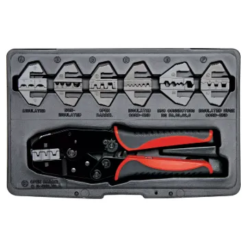 A unique ratchet crimping kit supplied with 7 sets of crimping jaws. Each jaw pair slides into the crimper and is held in place by magnets - no fiddly screws or tricky alignment required.  Kit includes jaws to suit insulated kwik crimps, uninsulated lugs,