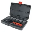 A unique ratchet crimping kit supplied with 7 sets of crimping jaws. Each jaw pair slides into the crimper and is held in place by magnets - no fiddly screws or tricky alignment required.  Kit includes jaws to suit insulated kwik crimps, uninsulated lugs,
