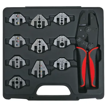 A unique ratchet crimping kit supplied with 10 sets of crimping jaws. Each jaw pair slides into the crimper and is held in place by magnets - no fiddly screws or tricky alignment required.
