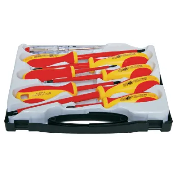 This set of screwdrivers is ideal for people who service 240V appliances. Rated to 1000V. Includes 2.5, 4, 5.5, 6.5mm slotted and #0, #1, #2 phillips screwdrivers, plus a 240V neon tester.