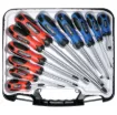 High grade screwdrivers with comfortable hand
grips. Set contains Phillips #2x38, #0x75, #1x100,
#2x100, #2x150, #3x200. Slotted 6x38, 3x75,
5x100, 6x100, 6x150mm. Chrome vanadium shafts.
