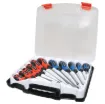 High grade screwdrivers with comfortable hand
grips. Set contains Phillips #2x38, #0x75, #1x100,
#2x100, #2x150, #3x200. Slotted 6x38, 3x75,
5x100, 6x100, 6x150mm. Chrome vanadium shafts.