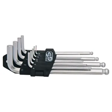 A nine piece metric allen key set with folding holder. Ball drive ends allow angled entry to allen sockets, great for tight spaces. Sizes: 1.5, 2, 2.5, 3, 4, 5, 6, 8, 10mm.
