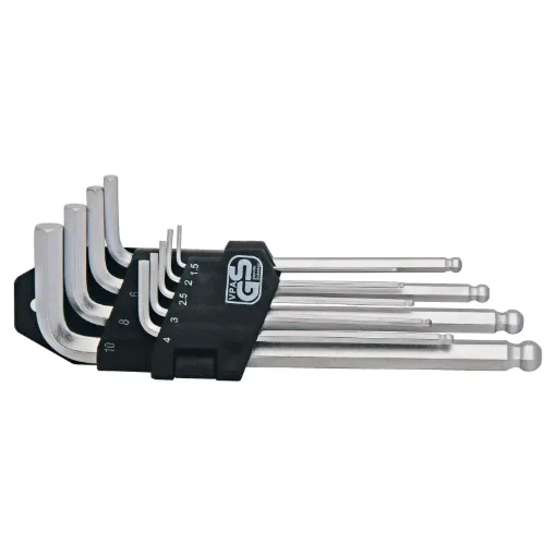 A nine piece metric allen key set with folding holder. Ball drive ends allow angled entry to allen sockets, great for tight spaces. Sizes: 1.5, 2, 2.5, 3, 4, 5, 6, 8, 10mm.