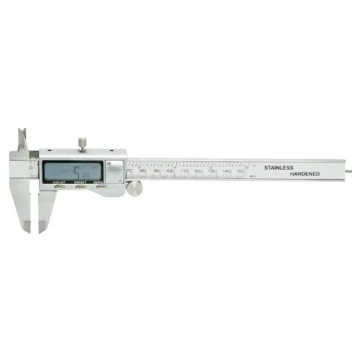 High quality metal calipers for precision measuring with ease. 150mm capability, suitable for measuring internal, external and depth dimensions. Fitted with easy to read LCD allowing measurements within 0.01mm or 0.0005".