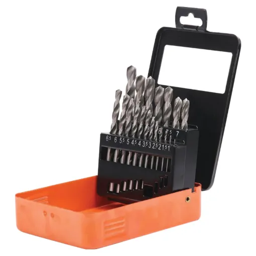 A quality set of 19 high speed steel drills in sizes between 1mm and 10mm. Supplied in a handy all metal storage case. Ideal for plastic, metal and wood drilling needs.