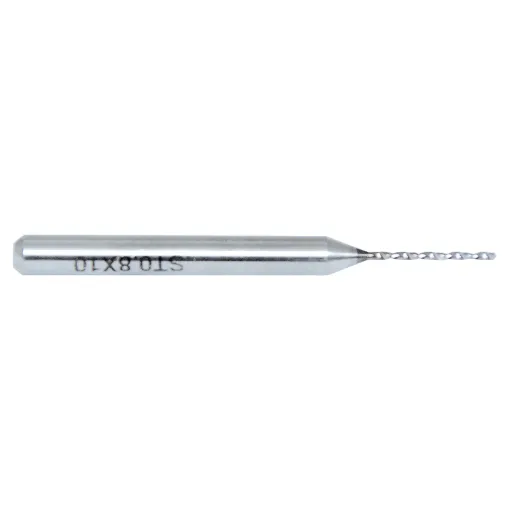 0.8mm Carbide PCB drill bit.   Ideal for drilling PCB's and project enclosures. Comes with the standard 1/8" shank to suit many drill presses and automatic drilling machines.

The carbide drill material is much harder and will stay sharper for longer