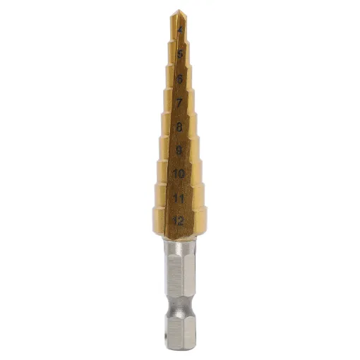 Handy 4-12mm 9 step drill bits allowing you to drill different sized holes in plastic, wood or metal without changing drill bits.