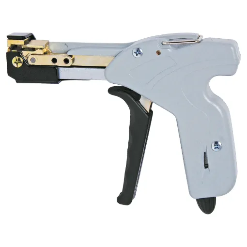 Tightens and cuts cable ties with a simple pull of the trigger! Makes using steel ties easy. 4 levels of adjustable tension with automatic cut off.  All steel construction. Suits 4.6 and 7.9mm wide ties (0.25mm max thickness).
