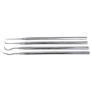 High quality tool kit featuring straight, angled, curved and hook tips.
Perfect for scraping varnish and flux away from solder joints on pcbs,
marking plastic panels and removing spring washers etc.