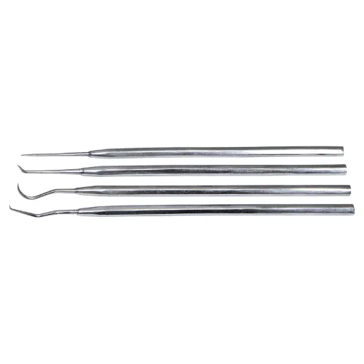 High quality tool kit featuring straight, angled, curved and hook tips.
Perfect for scraping varnish and flux away from solder joints on pcbs,
marking plastic panels and removing spring washers etc.