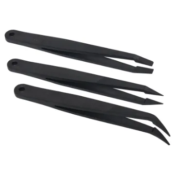 A durable high quality tweezer set made from nylon carbon fibre composite which is anti-static, antimagnetic, acid and alkali resistant.