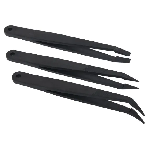 A durable high quality tweezer set made from nylon carbon fibre composite which is anti-static, antimagnetic, acid and alkali resistant.