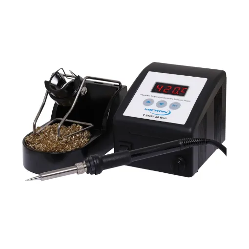 An electronic temperature controlled soldering station, designed to meet the needs of production environments. The increased heating power over the Micron 60W station provides increased temperature stability during extended periods of soldering.