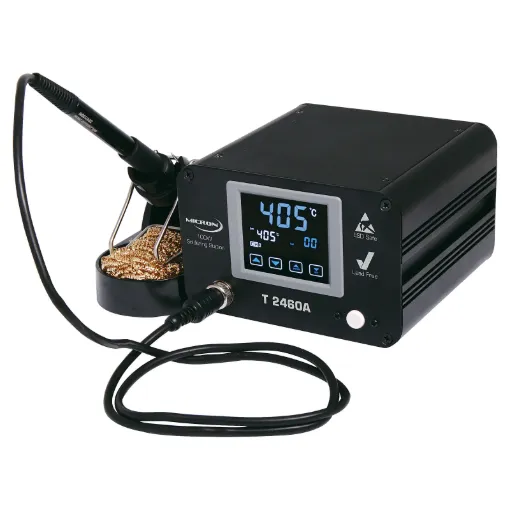 A high power 100W benchtop electric soldering station for professionals and regular solderers! Touchscreen temperature control with presets.  Supplied with fine 0.8mm round tip for soldering small pad sizes.