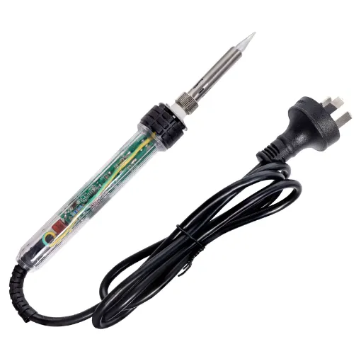 This quality handheld electric soldering iron is fitted with a dial adjustment in the handle to select temperatures between 200°C and 450°C. Fitted with ceramic heater for excellent ±2°C temperature stability. Includes 1mm fine round tip.