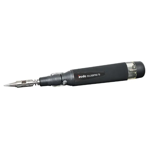 The advanced IRODA Soldering Iron offers go-anywhere soldering convenience, with an equivalent heat capacity of up to 80 Watts.It features an adjustable heat control (210-450C), cap mounted flint igniter, long life catalyst tip and a 20ml gas reservoir