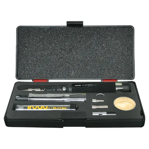 The T 2592 kit comprises the T 2590 IRODA Gas Soldering Iron supplied in a handy carry case with a range of tips and accessories including safety stand, cleaning sponge, solder dispenser, blow torch, hot air blower and hot knife cutter.

For filter clea
