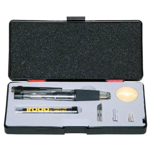 The Iroda SolderPro 50K kit comprises the SolderPro 50 supplied in a handy carry case with a range of tips and accessories including safety stand, cleaning sponge, solder dispenser, blow torch, hot air blower and hot knife cutter.