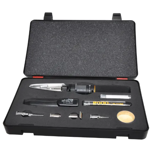 The T 2599 kit comprises of the IRODA T 2598 Gas Soldering Iron supplied in a handy carry case. Featuring a range of accessories which consists of a Hot Knife Tip(T2617), Heat Blower Tip(T2604), 2.4mm Chisel Tip(T2610), Spare Gas Filter(T2619), 3m Tube of