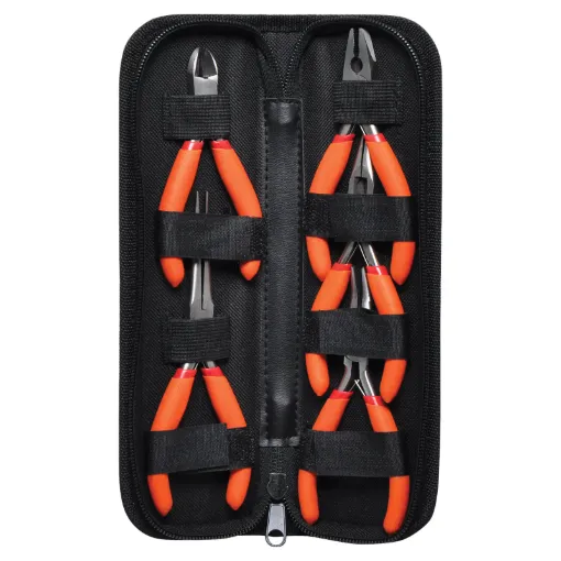 A handy tool kit for electronics use with 5 assorted pliers and cutters in a handy zip up case.