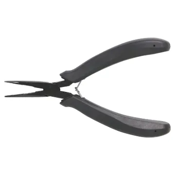 Quality, light weight curved nose pliers with comfortable rubber handles.