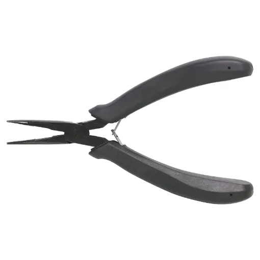 Quality, light weight curved nose pliers with comfortable rubber handles.