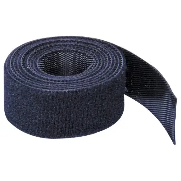 Hooked on one side, looped on the other. A handy reusable tape for bundling cables, securing cabling to poles or stands etc. 10m length.