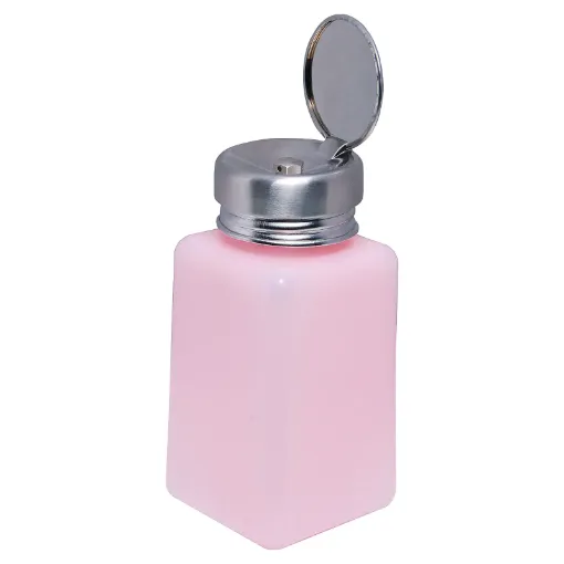 This handy 180ml &quotpump action&quot solvent dispenser pumps a measured amount of contained liquid into the stainless steel bowl cap. This then allows the user to use the liquid by a cotton bud or similar for cleaning a video head for example. ESD Safe.