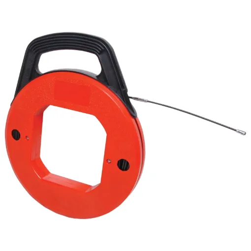 Takes the hard work out of running cable through conduit. Features a durable plastic container with tensioner. Comes with fibreglass coil. Very easy to use, just thread the fibreglass through the conduit, attach the cable to the "hook", pull it back and y