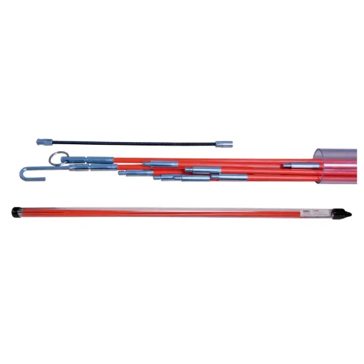 Now available in a kit including four rods & 5 brass accessory tips.
Supplied in ten 1m lengths, these flexible rods may be screwed together to form a single 10m length. Typically used when running cable across suspended tile ceilings. Allows you