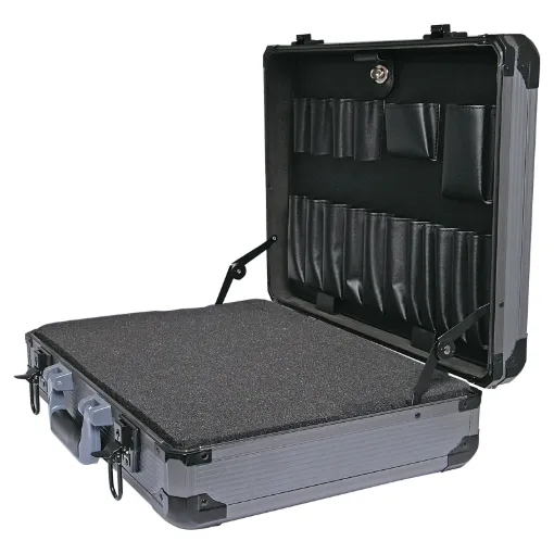 Latches are lockable. Features a perforated foam inner for customising the inside of the case to hold equipment firmly in place. Panels made from lightweight, yet tough composite plastic material. External size: 445x330x128mm.