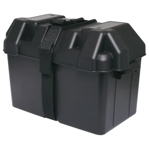 A plastic battery box (27M style) to suit 90-100Ah batteries. Includes strap.
Outside box size: Length 410mm x Width 245mm x Height 265mm (including lid &amp; handles).