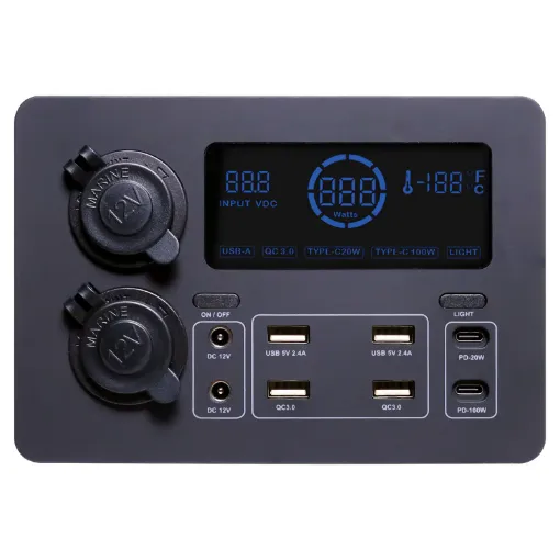 A complete pre-wired DC connection solution for your auxiliary battery.  Ideal for caravans, 4WDs and motorhomes.  Backlit display readout with input volts DC, temperature, watts (input) and connection statuses. 
