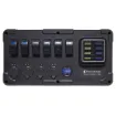 A complete central power hub for your 4WD, caravan or camping remote power set up. This box contains 6 contura style illuminated switches, 3 car accessory sockets (12V), USB charger, LED volt meter, all protected by a 6 way weatherproof fuse block.