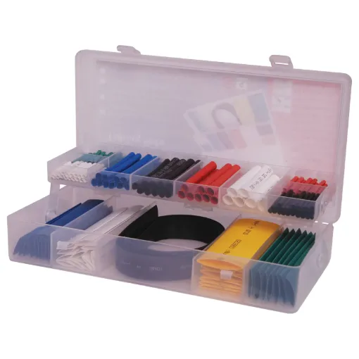 130mm to 1m lengths of red, black, blue, white, yellow and clear heatshrink. Sizes 2.0, 4.0, 4.5, 5.0, 6.0, 8.0, 9.0, 10, 12 and 18mm (sizes given are diameters, measurements are not made with the heatshrink flattened) before shrinking. 2:1 shrink ratio.