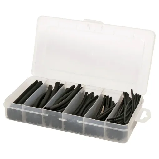 100mm lengths of black heatshrink. Sizes 1.6, 2.4, 3.2, 4.8, 6.4, 9.5mm sizes given are diameters (measurements are not made with the heatshrink flattened), before shrinking. 2:1 shrink ratio.