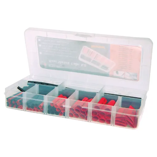 Assorted 75mm and 45mm lengths of red and black adhesive backed heatshrink in a range of diameters. 3.2, 4.8, 6.4, 7.9, 9.5, an12.7mm.