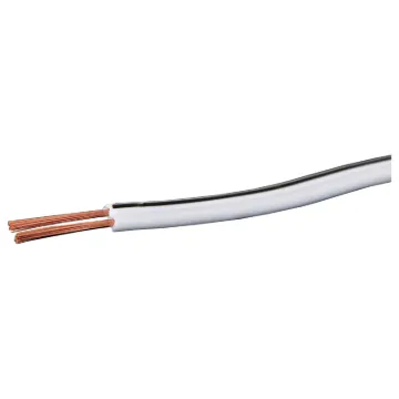 Medium duty figure 8 speaker cable for a variety of uses. 2x24/0.20 size (18AWG). White with black trace.  Max current rating: 7.5A. 100m roll size.