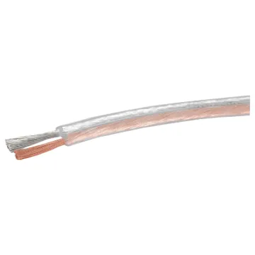 Low loss, high power speaker cable for hi-fi speaker systems. Clear outer sheath with two tone copper conductors. 100m rolls.