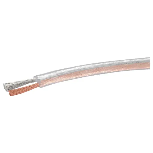 Low loss, high power speaker cable for hi-fi speaker systems. Clear outer sheath with two tone copper conductors. 100m rolls.