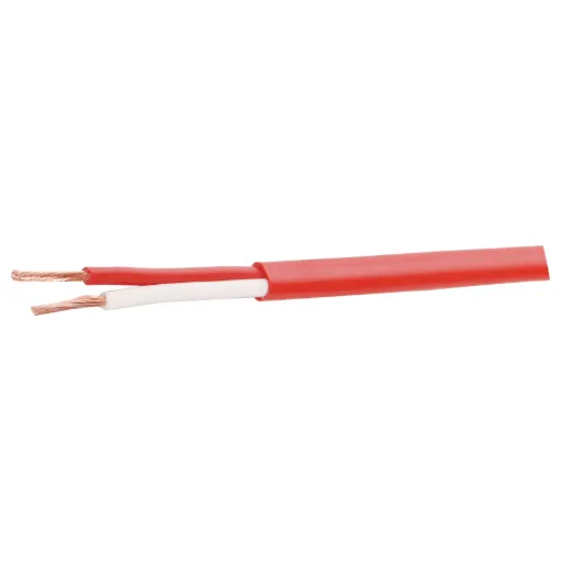 Speaker cable for 100V line commercial PA audio systems. Double PVC insulated twin. Separate conductors with non-bonded sheath.
Voltage rating:	600V AC
Current rating:	10 Amps
Dimensions:	≈ 6.8 x 4mm
Conductor area:	1mm2
Conductor gauge:	󖐱AWG
Temperature rating:	75C

Roll size:  500m