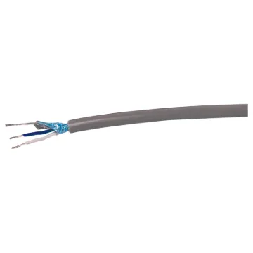 Aluminium mylar shield with drain wire. 
Conductor colours:  Blue & White