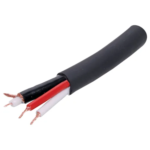 Low loss stereo audio cable with central video transmission cable. Twin shielded with copper braid and mylar foil.