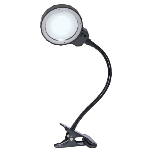 USB magnifying lamp provides 20 dioptres (5x) magnification with its 90mm lens. It's the perfect work lamp for the desk, electronics workbench or shed.
