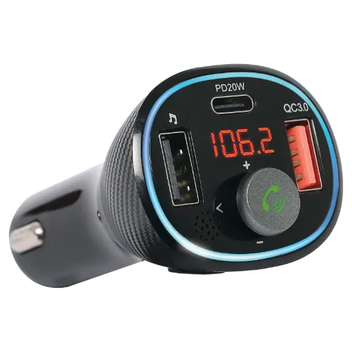 Works as a hands free system, retransmitting audio over your FM radio for calls plus plays audio from your phone. Fitted with USB C 20W PD charger.