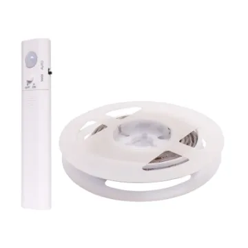 This affordable LED strip sensor light includes 1m of adhesive backed warm white LED strip and a PIR simple motion detect controller. It is ideal for wardrobes, cupboards and storage areas where LED lighting is only required when you open the door.